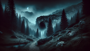 Misty mountain trail leading to the Weeping Cave at dusk