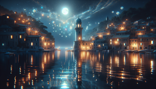 Les vestiges d’un ancien phare brillent sous la lumière de la lune tandis que des lumières mystérieuses pulsent à l’intérieur.