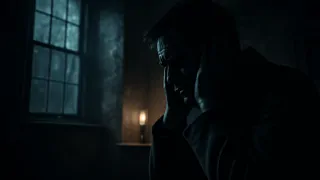 A faint silhouette of a man clutching his ears in terror