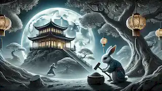 Chang'e on the moon, with the jade rabbit and woodcutter nearby, surrounded by the cold light of her palace.