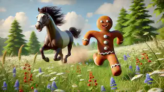  The gingerbread man sprinting across a meadow while a fast horse chases him, kicking up dust.