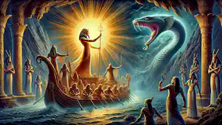 Ra's solar barque sails through the underworld, battling the serpent Apep in dark waters.