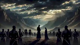 Siyâvash faces his fate in the mountains, surrounded by soldiers, as Farangis stands in the distance under dark clouds.