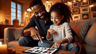 Zuri and her dad look at a tablet together in a cozy living room for hairstyle inspiration.