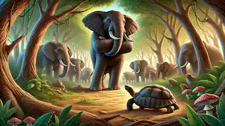 The Elephant boasts about his strength while the Tortoise calmly watches, jungle animals gathered to witness.