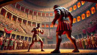 Melankomas faces his opponent in the Roman Colosseum.