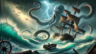 The Kraken’s tentacles wrap around a ship during a violent storm in the North Atlantic.