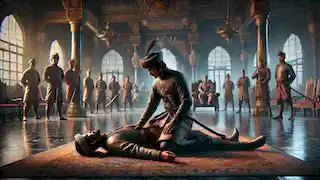 Hang Tuah kneeling beside Hang Jebat’s lifeless body in the Sultan's palace, holding his kris with sorrow.