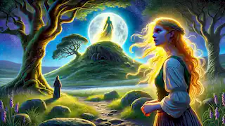  Mairéad faces Fionnbharr, the Sídhe prince, near the glowing Cnoc na Sídhe under a waxing moon, surrounded by oak trees.