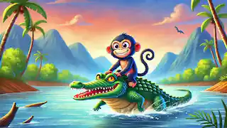 Monkey riding on the back of a crocodile in the middle of the river.