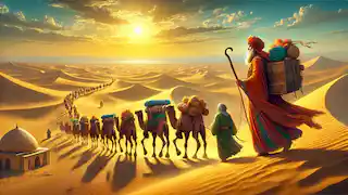 Daryush joins a caravan in the Dasht-e Kavir desert, walking alongside camels and a merchant under the blazing sun.