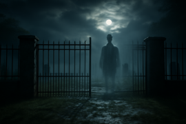 Blurry nighttime ghost figure standing near an old cemetery gate
