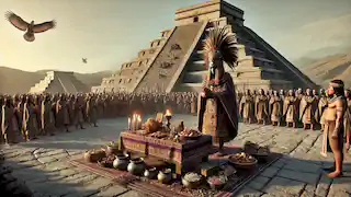 A Tiwanaku religious ceremony in front of the Akapana Pyramid with a priest and offerings.