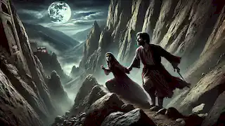 Majid and Leyla escape into the rugged mountains under the full moon, fleeing towards a hidden cave.