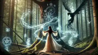 Lyra glows with magic as she weaves a spell to bind the dark spirit, the forest alive with powerful energy around her.