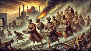 Sassanid nobles fleeing with treasure chests, the backdrop showing ruins of ancient Persian architecture and rising smoke.