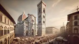  The completed Bell Tower of Giotto with citizens gathering around in awe and reverence beside the grand Duomo.