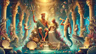 Poseidon and Amphitrite sit regally on their coral thrones in their royal underwater court.