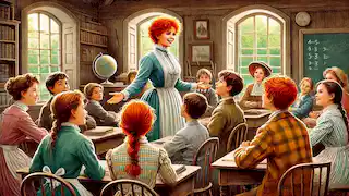  Anne Shirley teaching a lively class of students in Avonlea, engaging them with her imaginative methods.