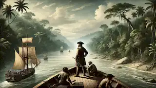 Sir Walter Raleigh aboard a ship navigating the Orinoco River with dense jungle on both sides.