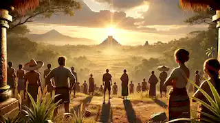 Villagers gaze eastward, awaiting Quetzalcoatl's return, with the horizon bathed in golden light.