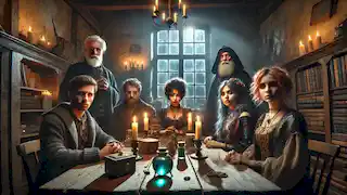 A group of magical people in a dimly lit room having a secret meeting around a wooden table.