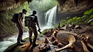 Lucas and Dr. Almeida cautiously explore a cave hidden behind a waterfall, surrounded by dense vegetation.