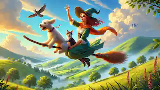 The witch, cat, and dog flying over green hills on a broomstick, searching for a lost bow.