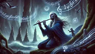 Einar plays the enchanted flute as glowing lights swirl around him. Sigrún pulls him back before he is consumed by its power.