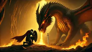 Einar kneels before the towering dragon in a golden-lit cave, lowering his shield as the dragon halts its fiery breath.