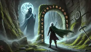 Einar stands before a glowing, rune-covered stone archway, staring in awe at a tall elf holding an obsidian flute in the moonlight.