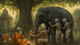 Village elder guiding six blind men to feel the entire elephant together under a banyan tree