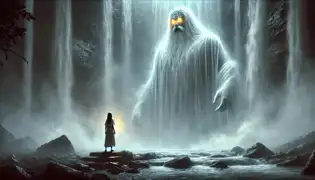 Elena Vasquez encounters Ayizan, the spirit guardian of Trafalgar Falls, an ethereal figure made of mist and flowing water.