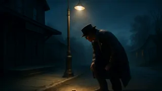 Detektiv untersucht nachts ein mysteriöses Indiz unter einem Straßenlaternenmast.