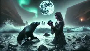 Elín stands on the rocky shore, holding an obsidian stone, as the spectral seal waits beneath the glowing water under the aurora.