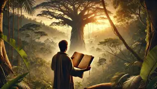 Emilio stands near the ancient ceiba tree at sunrise, holding a journal filled with notes, deep in contemplation.