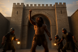 Enkidu confronting city guards at the gates of Uruk