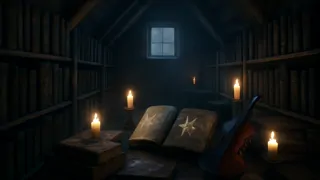 Erich Zann jouant des mélodies envoûtantes parmi des tomes occultes poussiéreux