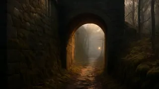 two figures fleeing through a forest tunnel at dawn
