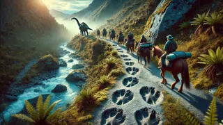 Giant dinosaur footprints pressed into muddy ground beside a dense forest