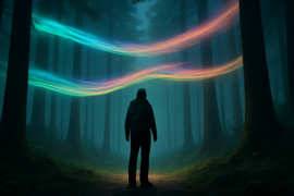 A terrified eyewitness stands under swirling green and purple lights in the forest at night