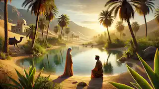 Santiago and Fatima meet by a serene pool at a desert oasis, bathed in golden sunset light.