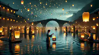 Lanterns float on a jade-green river under a dark sky as villagers honor Meilin’s memory during the Lantern Festival.