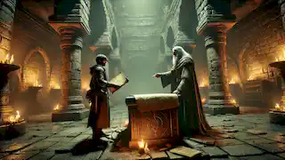 Alaric receives a worn map from the old alchemist Rhaziel inside a dark underground temple beneath Noctia.