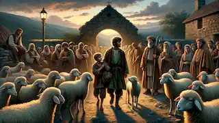 The shepherd boy returns to the village at dusk, leading the remaining sheep, as villagers look at him with disappointment.