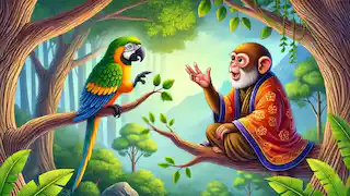 Wise parrot speaking to the monkey on a tree branch.