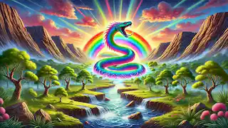 The Rainbow Serpent awakening and emerging from the earth, creating rivers and valleys in an ancient Australian landscape.