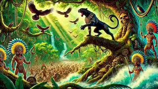 Itzamná in black jaguar form leading a jungle uprising against invaders under a dramatic golden canopy of sunlight.