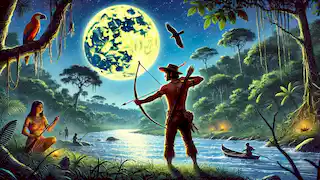 Thiago, an adventurous hunter, approaching the moonlit river with a bow and arrow, drawn by Yara's song.