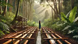 Kiana stands in awe near the newly built irrigation system, surrounded by lush jungle in the Wainiha Valley, sunlight shining through.